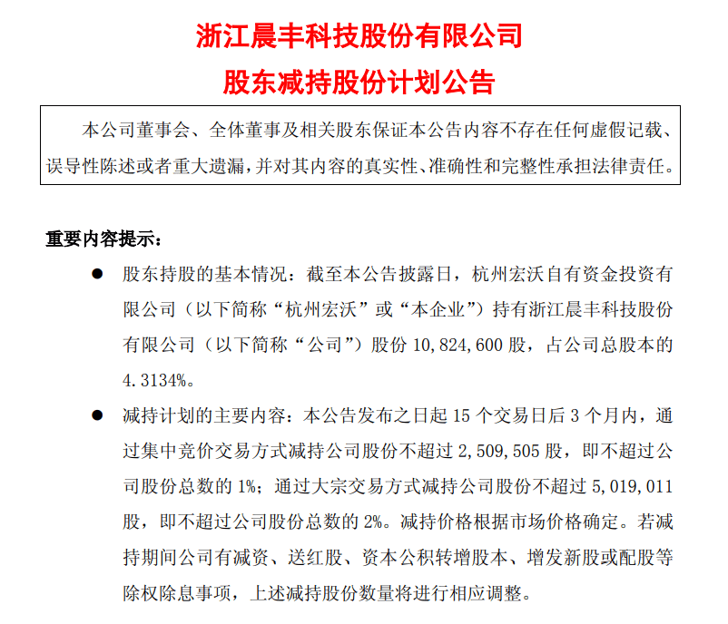 晨丰科技:股东杭州宏沃拟减持不超3%股份,减持计划存不确定性 第1张 晨丰科技:股东杭州宏沃拟减持不超3%股份,减持计划存不确定性 第1张