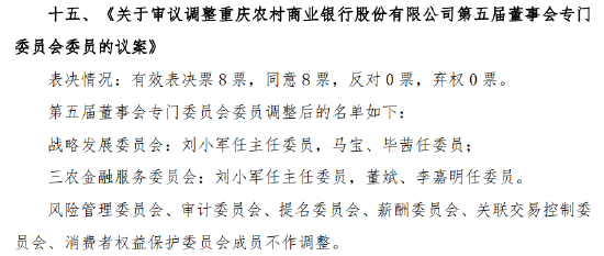 渝农商行：调整公司第五届董事会专门委员会委员  第1张